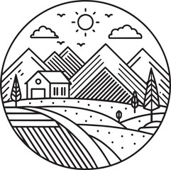 landscape with farm house and mountains line style icon  illustration design