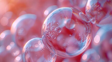   A collection of bubbles hovering over a reddish-pink backdrop with a blurry depiction of the bubbles
