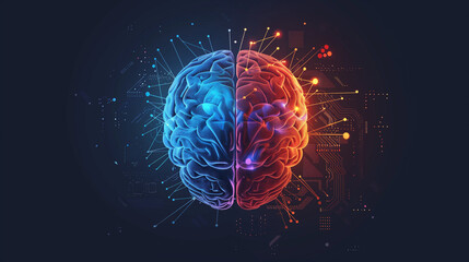 Fototapeta premium Top view brain split into two distinct halves: one half vividly depicting human neural textures and features, representing creativity and emotion; the other half designed with a digital, circuit-like 