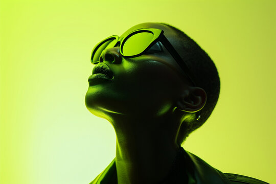 Silouhette Of A Short Haired Black Women, Looking Up, Background Is A Lime Gradient, Clothing Is Minimal, Hyperrealistic Scene, Lighting Is Behind The Person, The Front Of The Person Is Dark, She Is 