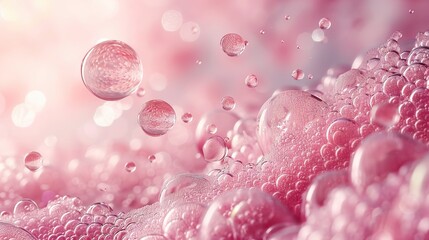   A cluster of bubbles float atop a sea of pink liquid filled with white and pale pink bubbles set against a backdrop of pink and white