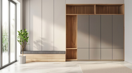 Fototapeta premium Modern Mudroom Featuring Elegant Built-in Storage and Seating Area