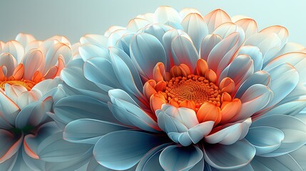   A close-up of a blue and orange flower with a white center and a yellow center at its center