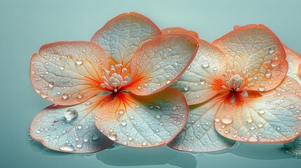   A collection of blooms with water droplets on them, against a blue backdrop, reflecting their petals in the water