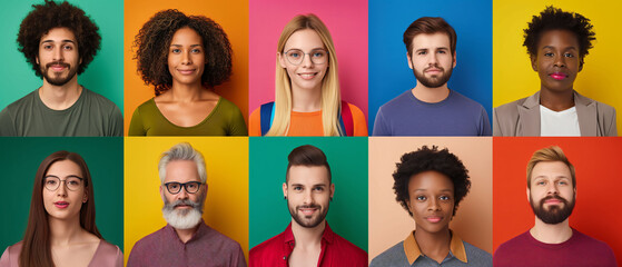 Profile picture of a group of people on a colorful background. Mixed of both Africans and Americans, smiling, looking ahead. Confidently with blonde hair and an Afro style. - Powered by Adobe