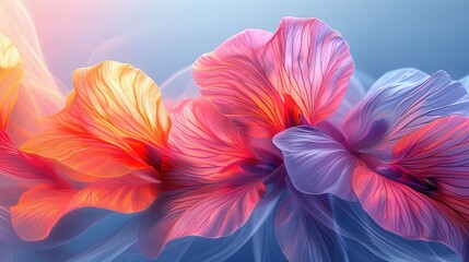 Obraz premium A close-up of a single flower on a solid blue and pink background with a slightly blurred image of two large flowers in the background