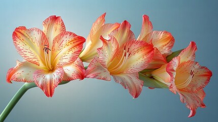   A close-up of a flower on a stem with a blue sky in the background of the photo