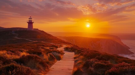 Sunset view on Amrum, Schleswig-Holstein with a boardwalk leading to a lighthouse atop a grass-covered cliff.