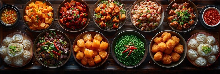 Generate an image showcasing the diversity and richness of Chinese cuisine with a colorful array of dishes representing different regional culinary traditions and cooking techniques.