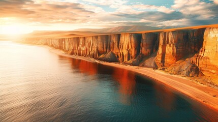 Aerial view of majestic limestone cliffs beside a calm ocean at sunset with golden light reflecting...