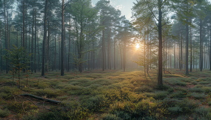 Fototapeta premium A forest with a sun shining through the trees by AI generated image