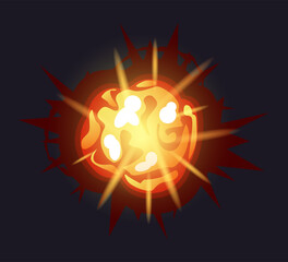 Fire explosion. Flame burst. Weapon boom effect. Bomb detonation. Destruction power. Dynamite explode epicenter. Destruction weapon attack. Magic bang. Vector explosive comic element