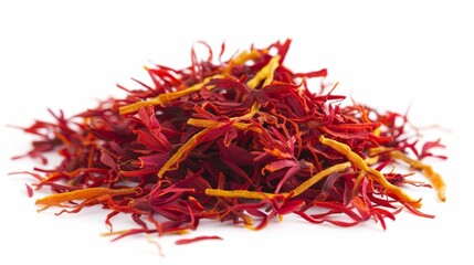 A pile of saffron threads, isolated on white background. Saffron is the world's most expensive...
