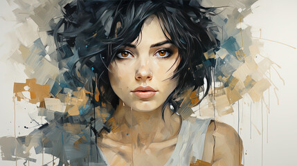 Contemporary Abstract Liquid Painting of A Beautiful Girl Portrait Background