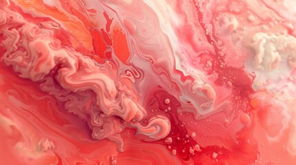 Vibrant blending of liquid paints in red and white creating an abstract marbled pattern.