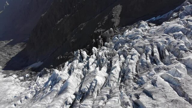 Caucasus, North Ossetia. Genaldon gorge. Cracks and seracs on the Maili glacier.