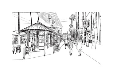 Print Building view with landmark of Santa Monica is the city in Los Angeles County. Hand drawn sketch illustration in vector.