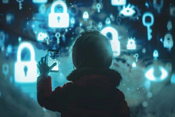 Child grabs phone by hand Wear a red sweater The holographic background features a padlock, keys, and eyes, symbolizing the prohibition of access.