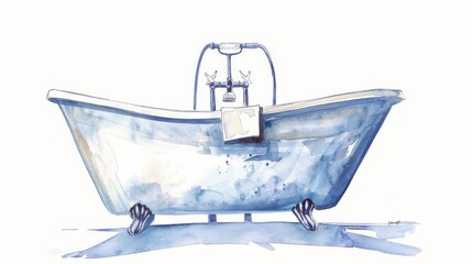 The image is a watercolor painting of a freestanding bathtub
