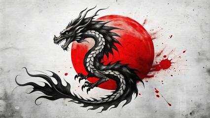 Watercolor black dragon and red sun in Chinese traditional style with splash of paintings
