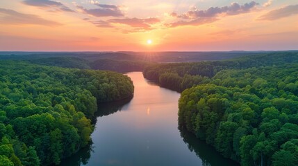 Aerial view of a serene woodland and river at sunset with lush trees reflecting on water.