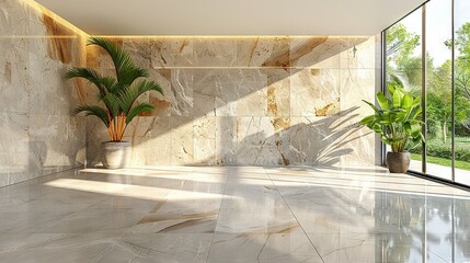   A spacious room boasts a magnificent marble wall and features two lush potted plants positioned in front of an expansive window providing a breathtaking view of a serene park