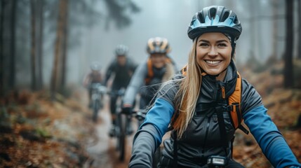 Smiling young woman in cycling gear enjoying a mountain bike ride in a misty forest with friends trailing behind.