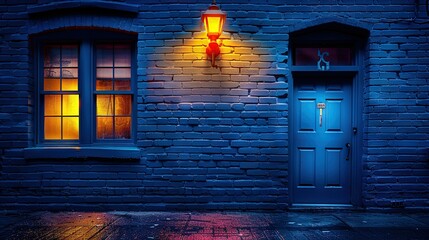   Brick building with blue door and yellow light on the side