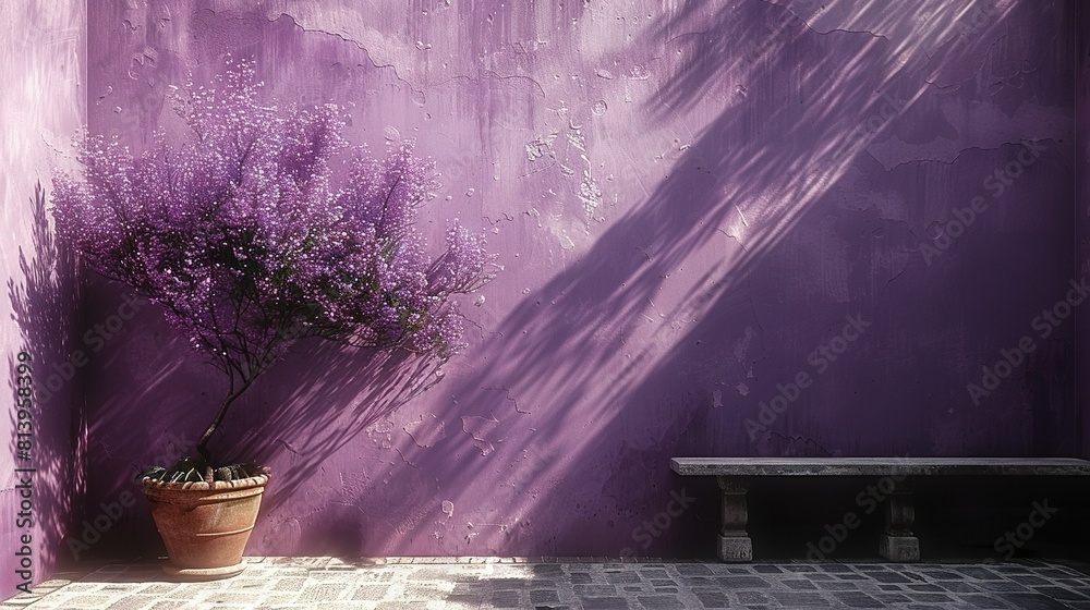 Poster   A potted plant sits in front of a purple wall, with a bench in front and a tree shadow on the wall