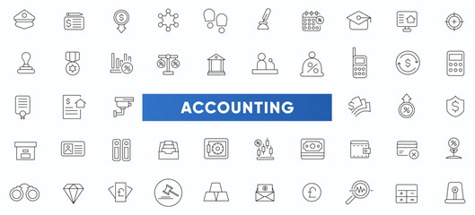 Accounting thin line icons set. Accountant, financial, business firm tax, statement, calculator, and balance sheet icon collection. Containing financial statement, audit, invoice icon pack.