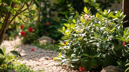 Lush vegetation with blooming flowers in a tranquil Japanese garden setting.