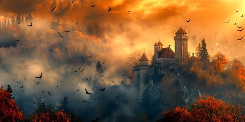 Dracula's Castle: A Spooky Abode of Bats, Vampires, and Eerie Atmosphere. Concept Haunted Mansion, Gothic Architecture, Bloodthirsty Creatures, Dark Secrets, Mysterious Legends