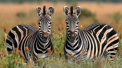 Naklejka premium Two Burchell's zebras standing in the savanna with focus on their striped patterns.