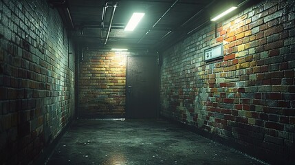  A dim hall with a brick divider and two luminous sources - one at either terminus