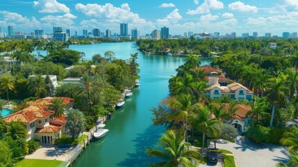 Aerial view of Miami Beach with lush greenery, waterfront properties, and city skyline against a...