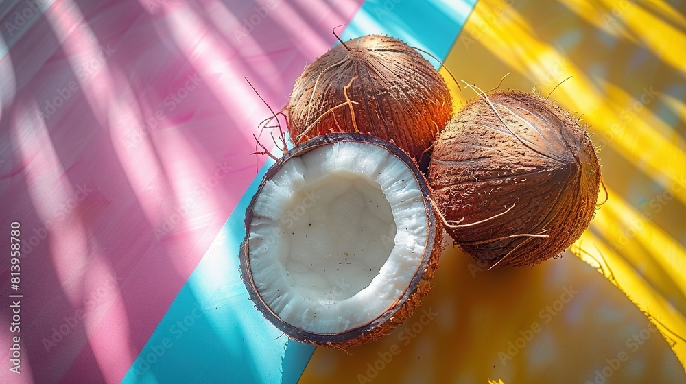 Wall mural coconuts in colorful array on yellow-blue-pink background