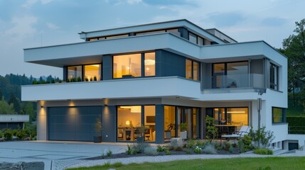 Fototapeta premium Modern house at dusk with interior lights on and a clear view of the interior through large windows.