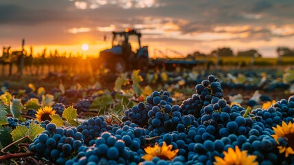 Close-up of dark blue grapes with a grape harvesting machine in the background at sunset.
