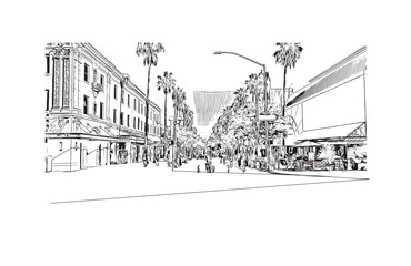 Fototapeta premium Print Building view with landmark of Santa Monica is the city in Los Angeles County. Hand drawn sketch illustration in vector.