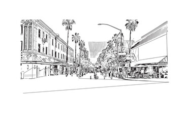 Print Building view with landmark of Santa Monica is the city in Los Angeles County. Hand drawn sketch illustration in vector.