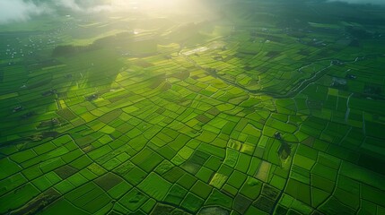 Aerial view of a green patchwork vineyard basked in sunlight with intricate geometric patterns.