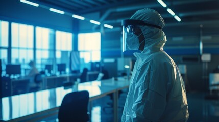 Obraz premium Medical biller in protective gear with face mask in an office setting, handling paperwork, isolated on a blue background.