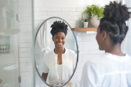 A person standing in front of a bathroom mirror, smiling as they recite positive affirmations to start the day