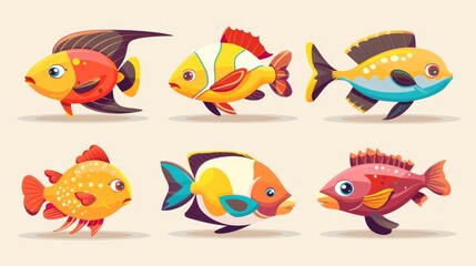 The modern set of cute color sea fish icons is made up of eel, goldfish, and piranha icons. Ocean underwater animal collection of isolated tropical creatures.