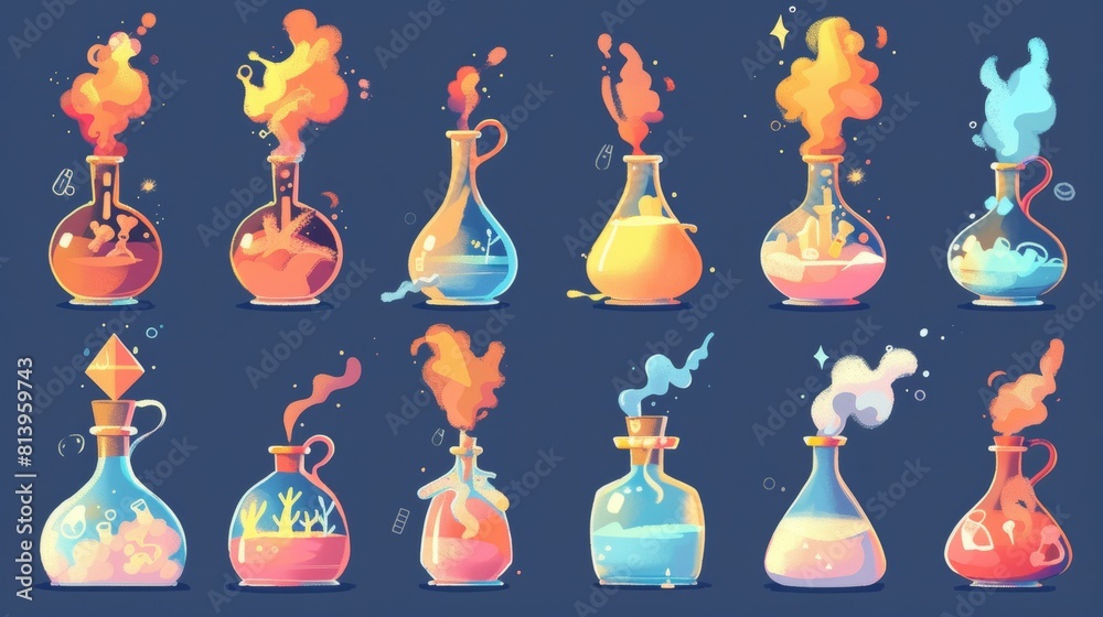 Wall mural A pharmaceutical poison jar with smoke assets. Animation cartoon character of a lab potion bottle. Chemical potion flask explosion isolated UI. Alchemy fluid antidote evaporation sequence sprite.