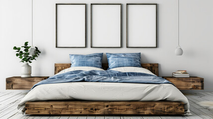 rustic wooden bed with blue pillows in front of wall with empty pictures