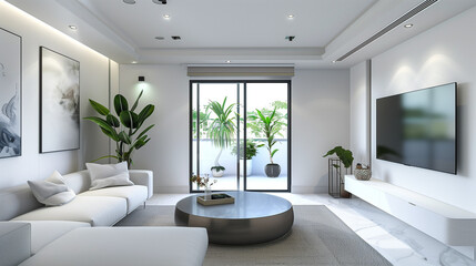 Modern style living room design with a minimalist sofa on the left, wall-mounted flat-screen TV on the right, and a metal round coffee table.
