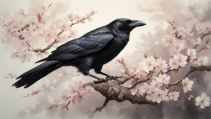 Naklejka premium Watercolor black raven sitting on branch of sakura. Traditional Japanese illustration in oriental style