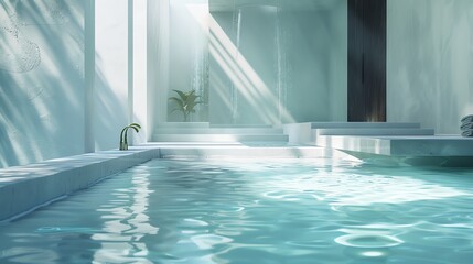 Obraz premium Wellness spa, tranquil water features, eye level, soft blue and white tones, serene ambiance