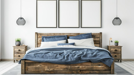 rustic wooden bed with blue pillows in front of wall with empty pictures